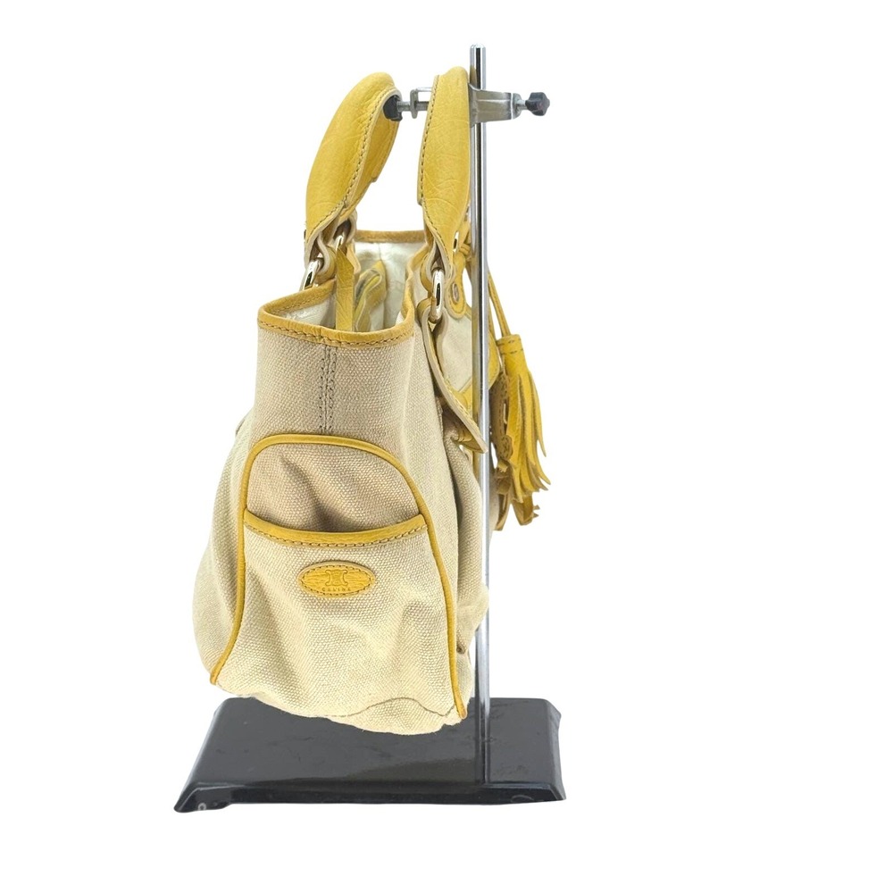 Celine Boogie Bag Beige Canvas Yellow Leather Trim Tassel Satchel Handbag - Picture 2 of 11